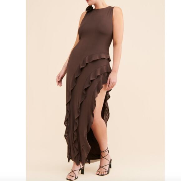 NWT AFRM Heiress Ruffle Maxi Side Slit Chocolate Brown Dress 2X - Picture 1 of 8